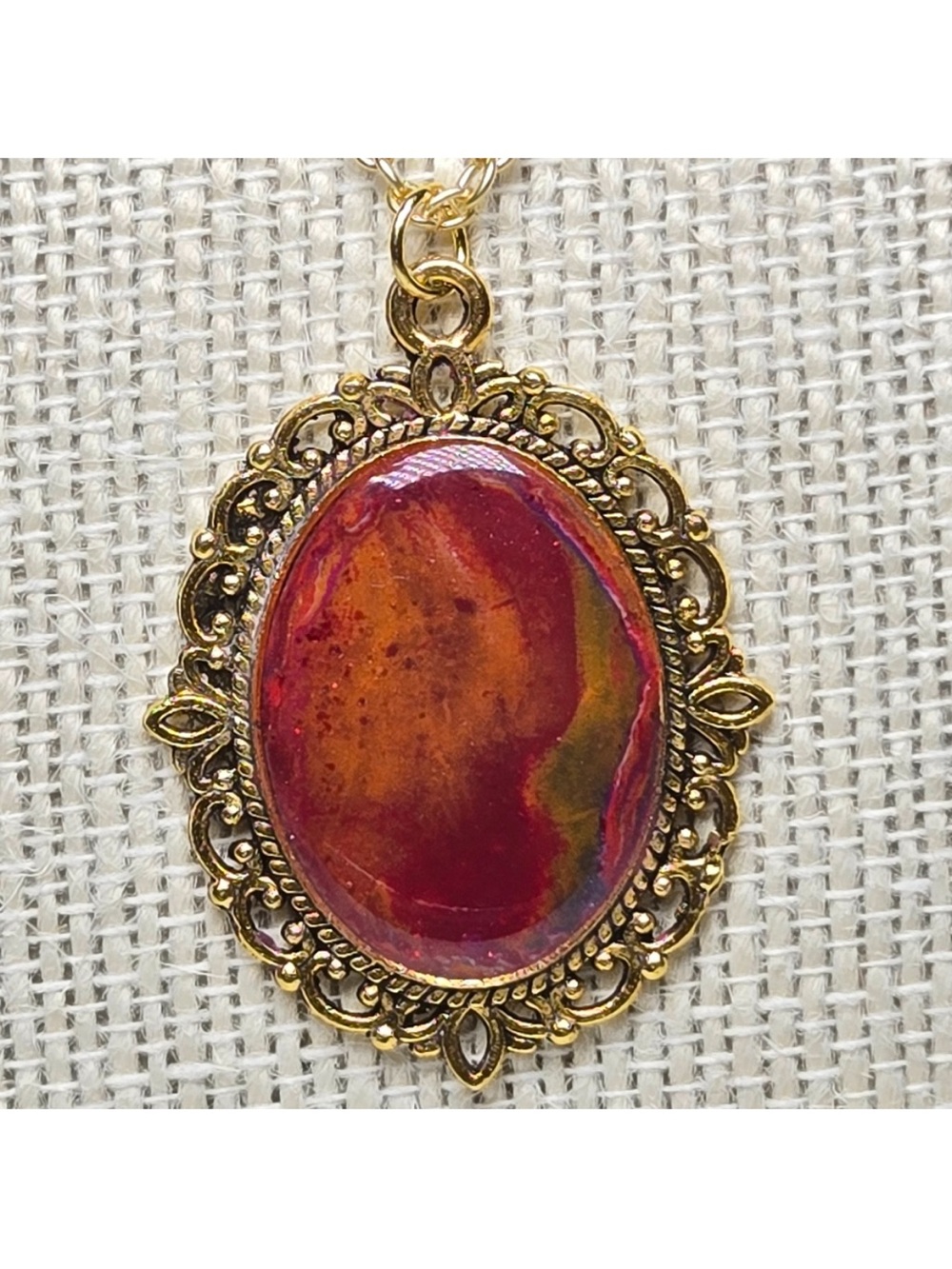 Gold and Red Ornate Pendant Necklace -22-inch chain